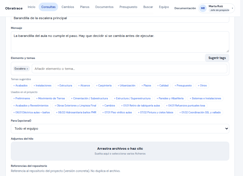 Formulario Nueva consulta con el tag Escalera